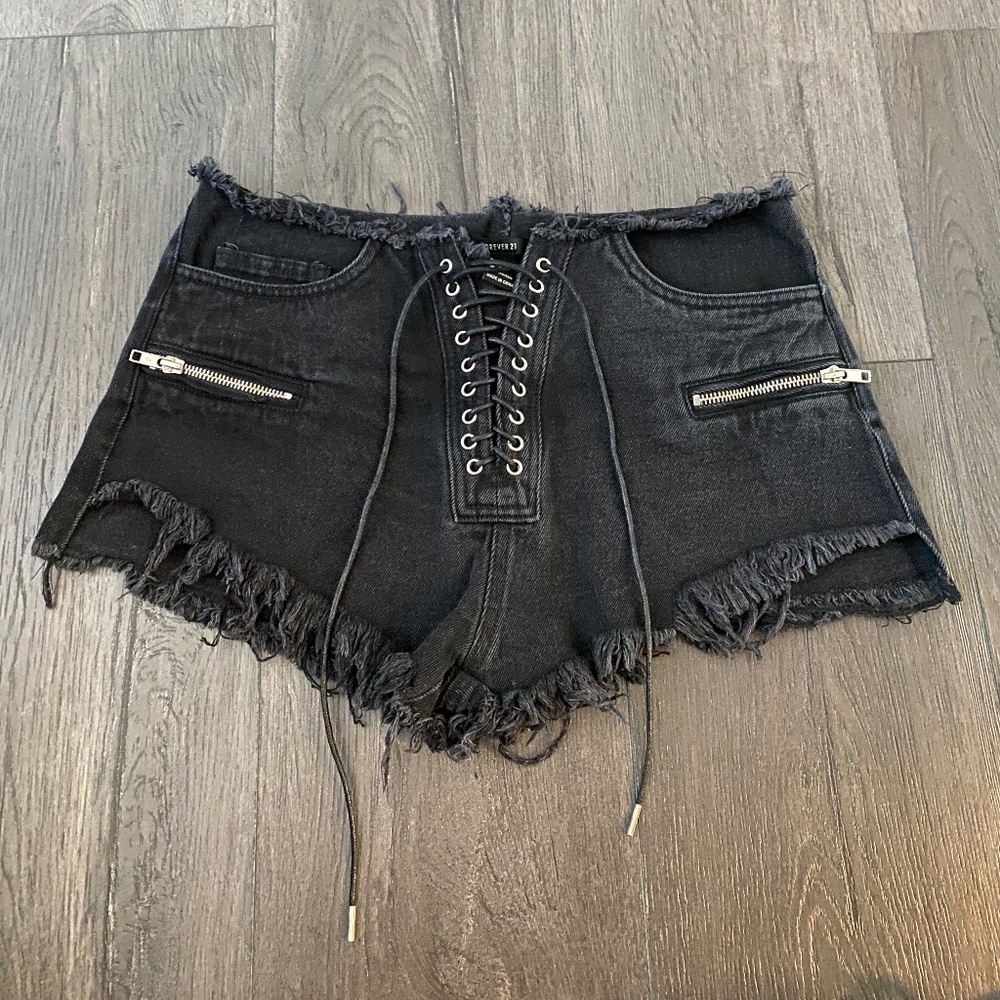 Forever 21 Black Distressed Lace Up Shorts